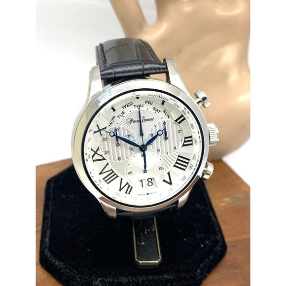 Pierre Laurent Men's Watch 28221 Chronograph Swiss Quartz Silver Dial Day Date - Picture 13 of 14